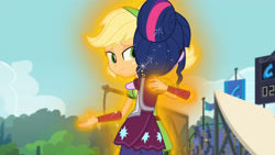 Size: 3410x1920 | Tagged: safe, derpibooru import, screencap, applejack, sci-twi, twilight sparkle, equestria girls, friendship games, duo, duo female, female, glowing, high res, hug, smiling