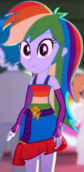 Size: 1920x3928 | Tagged: safe, derpibooru import, screencap, rainbow dash, scribble dee, a photo booth story, eqg summertime shorts, equestria girls, bare shoulders, belt, clothes, cropped, cutie mark on clothes, fall formal outfits, female, fingerless gloves, gloves, male, sleeveless, solo focus