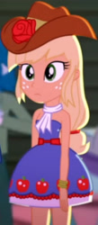 Size: 1781x4095 | Tagged: safe, derpibooru import, screencap, applejack, a photo booth story, eqg summertime shorts, equestria girls, bare shoulders, cowboy hat, cropped, female, hat, male, sleeveless, solo focus, strapless