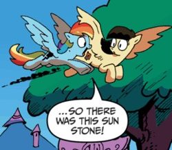 Size: 260x227 | Tagged: safe, derpibooru import, idw, rainbow dash, wild fire, pegasus, zen and the art of gazebo repair, comic, cropped, description is relevant, duo, flying, official, sunstone (g1 artifact)