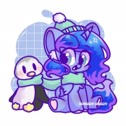 Size: 2048x2048 | Tagged: safe, artist:sunny berry, derpibooru import, princess luna, alicorn, bird, penguin, animal, clothes, cute, hat, scarf, sitting, smiling, winter