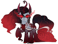 Size: 800x606 | Tagged: safe, artist:stygian-nyx, derpibooru import, oc, oc:blood moon rising, original species, pond pony, pony, cloven hooves, curved horn, deviantart watermark, eyeshadow, horn, jagged horn, makeup, no pupils, obtrusive watermark, pondpony, red eyes, red sclera, solo, sombra eyes, watermark, wavy mane