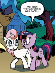 Size: 260x345 | Tagged: safe, derpibooru import, twilight sparkle, twinkleshine, unicorn twilight, unicorn, zen and the art of gazebo repair, cropped, double entendre, female, mare, official, reference to another series, speech bubble, sunstone, talking, tent, text, tree, walking, wide eyes