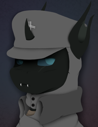 Size: 1080x1400 | Tagged: safe, artist:tiviyl, derpibooru import, oc, oc only, changeling, bust, changeling oc, clothes, coat, fangs, hat, portrait, scar, simple background, solo