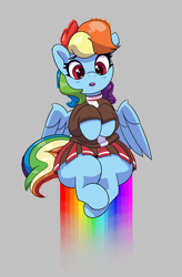 Size: 744x1134 | Tagged: safe, artist:pabbley, derpibooru import, rainbow dash, pegasus, pony, aggie.io, clothes, dress, female, mare, open mouth, rainbow, simple background, sitting, spread wings, wings