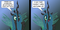 Size: 800x400 | Tagged: artist needed, safe, derpibooru import, queen chrysalis, changeling, changeling queen, 2 panel comic, comic, dialogue, female, looking at you, smiling, solo, speech bubble, spread wings, wings