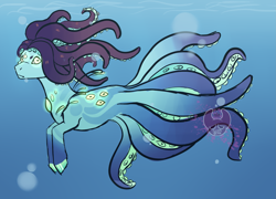 Size: 2889x2076 | Tagged: safe, artist:sleepydemonmonster, derpibooru import, oc, oc only, hybrid, octopus, seapony (g4), art trade, bubble, crepuscular rays, fins, flowing mane, flowing tail, glowing, high res, hooves, index get, logo, ocean, palindrome get, solo, sunlight, swimming, tail, tentacle tail, tentacles, underwater, water, watermark