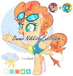 Size: 1280x1331 | Tagged: safe, artist:hoochuu, artist:lazuli0209, derpibooru import, blaze, spitfire, pegasus, pony, abstract background, base used, clothes, deviantart watermark, eyelashes, female, fusion, goggles, mare, obtrusive watermark, screencap reference, smiling, underhoof, uniform, watermark, wings, wonderbolt trainee uniform