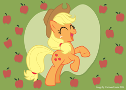 Size: 900x644 | Tagged: safe, artist:cartoongurra, derpibooru import, applejack, earth pony, pony, apple, eyes closed, female, food, freckles, hat, mare, rearing, solo