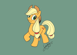 Size: 992x714 | Tagged: safe, artist:cartoongurra, derpibooru import, applejack, earth pony, pony, female, freckles, green background, hat, mare, raised hoof, raised leg, simple background, smiling, solo