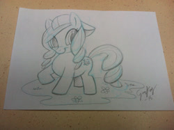 Size: 1037x775 | Tagged: safe, artist:cartoongurra, derpibooru import, oc, oc only, earth pony, pony, earth pony oc, female, filly, foal, hat, signature, solo, traditional art