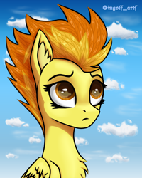 Size: 2700x3375 | Tagged: safe, artist:ingolf arts, derpibooru import, spitfire, pegasus, pony, bust, chest fluff, cloud, cute, ear fluff, ears, female, high res, looking at you, mare, sad, sky, solo, wings, wonderbolts