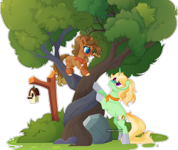 Size: 3142x2655 | Tagged: safe, artist:stormcloud-yt, derpibooru import, oc, oc only, oc:anahita, oc:outbreak, earth pony, pony, unicorn, base used, bird house, duo, earth pony oc, female, intertwined trees, magical gay spawn, mare, offspring, parent:applejack, parent:trenderhoof, parent:trouble shoes, parent:zephyr breeze, parents:troublejack, rock, simple background, transparent background, tree