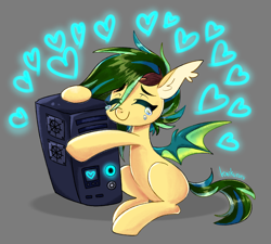 Size: 3337x3000 | Tagged: safe, artist:kaikururu, derpibooru import, oc, oc only, oc:joke plant, bat pony, pony, bat pony oc, bat wings, computer, crying, ear fluff, ears, gray background, heart, hug, simple background, solo, tears of joy, wings