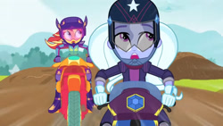 Size: 3410x1920 | Tagged: safe, derpibooru import, screencap, sugarcoat, sunset shimmer, equestria girls, friendship games, duo, duo female, female, helmet, high res, motorcycle, open mouth