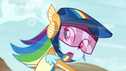 Size: 3410x1920 | Tagged: safe, derpibooru import, screencap, rainbow dash, equestria girls, friendship games, female, helmet, high res, open mouth, solo