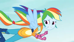 Size: 3410x1920 | Tagged: safe, derpibooru import, screencap, rainbow dash, equestria girls, friendship games, boots, female, flying, high res, ponied up, shoes, solo, spread wings, wings