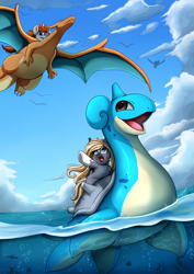 Size: 2509x3550 | Tagged: safe, artist:pridark, derpibooru import, oc, oc only, oc:disterious, bat pony, pony, unicorn, bat pony oc, charizard, cloud, fangs, flying, horn, lapras, ocean, pokémon, sky, swimming, water, waving