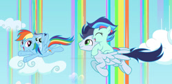 Size: 1024x500 | Tagged: safe, artist:velveagicsentryyt, derpibooru import, rainbow dash, soarin', oc, oc:prisdale, oc:rainbow blitzes, pegasus, pony, cloud, female, filly, flying, foal, offspring, parent:rainbow dash, parent:soarin', parents:soarindash, ponies riding ponies, rainbow waterfall, riding