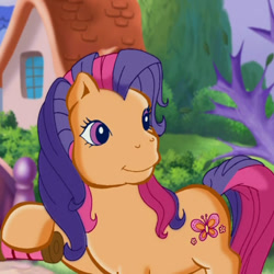 Size: 540x539 | Tagged: safe, derpibooru import, screencap, scootaloo (g3), earth pony, pony, g3, bridge, cropped, cute, dexterous hooves, female, g3 cutealoo, holding, house, kite, mare, meet the ponies, pinkie pie's party party, ponyville (g3), smiling, solo, solo focus