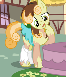 Size: 1092x1257 | Tagged: safe, artist:anonymous, derpibooru import, junebug, earth pony, pony, clothes, confused, female, head tilt, human to pony, mare, show accurate, skirt, socks, solo, species swap, transformation