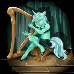 Size: 1280x1280 | Tagged: safe, artist:mrrowerscream, derpibooru import, lyra heartstrings, anthro, unguligrade anthro, unicorn, clothes, female, halter top, harp, high heels, horn, human facial structure, musical instrument, playing instrument, shoes, skirt, solo, tail