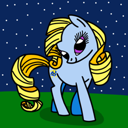 Size: 768x768 | Tagged: safe, artist:danielthebrony57, derpibooru import, moondancer (g3), earth pony, pony, g3, g4, blonde, blonde hair, cute, female, g3 dancerbetes, g3 to g4, generation leap, lidded eyes, mare, night, shadow, smiling, solo, stars, that was fast