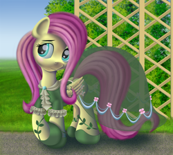 Size: 2000x1800 | Tagged: safe, artist:iimaximusii, derpibooru import, fluttershy, pony, blushing, clothes, crossed legs, dress, female, folded wings, full color, gem, grass, hair over one eye, lidded eyes, long mane, looking to side, mare, outdoors, pathway, ponyville, shoes, shy, solo, standing, transparent, trellis, wings