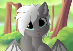 Size: 3508x2480 | Tagged: safe, artist:hoti_shein, derpibooru import, oc, oc only, oc:lily shein, bat pony, pony, cheek fluff, cute eyes, ear fluff, ears, face, female, forest, half-breed, looking at you, offscreen character, open mouth, pov, solo, surprised, teenager