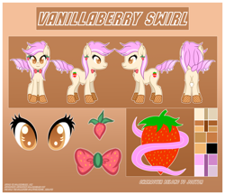 Size: 2200x1900 | Tagged: safe, artist:angelina-pax, derpibooru import, oc, oc only, oc:vanillaberry swirl, earth pony, food pony, original species, pony, bowtie, butt, color palette, commission, cutie mark, ear piercing, earring, female, food, horn, jewelry, mare, piercing, plot, ponified, reference sheet, solo, ych result