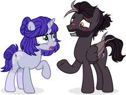 Size: 2826x2122 | Tagged: safe, artist:suramii, derpibooru import, oc, oc only, oc:lavender night, oc:sharp slash, pegasus, pony, unicorn, duo, female, folded wings, full body, grin, high res, hooves, horn, looking at each other, looking at someone, male, mare, open mouth, pegasus oc, raised hoof, raised leg, shadow, show accurate, simple background, smiling, stallion, standing, transparent background, unicorn oc, wings