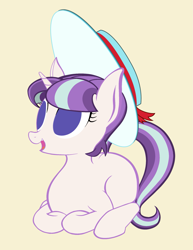 Size: 1741x2261 | Tagged: safe, anonymous artist, derpibooru import, snowfall frost, starlight glimmer, pony, unicorn, bangs, cream background, cute, eyelashes, female, filly, filly starlight glimmer, foal, hat, horn, looking offscreen, lying down, no pupils, no shading, open mouth, prone, ribbon, simple background, smiling, solo, tail, white pupils, younger