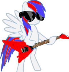 Size: 400x415 | Tagged: safe, artist:mt, derpibooru import, oc, oc only, pegasus, pony, bipedal, electric guitar, frown, guitar, hoof hold, hooves, musical instrument, pegasus oc, simple background, solo, spread wings, standing, sunglasses, tail, two toned mane, two toned tail, white background, wings