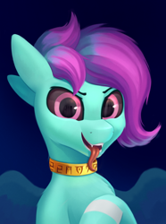 Size: 1186x1594 | Tagged: safe, artist:foxpit, derpibooru import, oc, oc only, pegasus, pony, black sclera, bust, fangs, looking at you, male, solo, tongue, tongue out