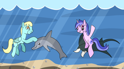 Size: 1920x1080 | Tagged: safe, artist:platinumdrop, derpibooru import, sassaflash, sea swirl, seafoam, dolphin, manta ray, pegasus, unicorn, underwater