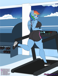 Size: 2217x2900 | Tagged: safe, artist:thehuskylord, derpibooru import, rainbow dash, anthro, ass, athletic, breasts, butt, clothes, dumbells, exercise, gym, jogging, no tail, rainboob dash, shorts, sports bra, sports shorts, treadmill, winged anthro, wings