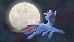 Size: 1920x1080 | Tagged: safe, artist:kisynya193, artist:nikosh14, derpibooru import, rainbow dash, pegasus, pony, female, flying, full moon, mare, moon, night, signature, sky, solo, stars