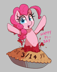 Size: 399x502 | Tagged: safe, artist:thebatfang, ponerpics import, pinkie pie, earth pony, pony, aggie.io, female, food, looking at you, mare, open mouth, open smile, pi, pi day, pie, raised hoof, raised leg, simple background, smiling, solo, talking to viewer, teeth, text