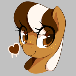 Size: 392x387 | Tagged: safe, artist:thebatfang, ponerpics import, oc, oc only, oc:s'mare, pony, aggie.io, bust, eye clipping through hair, female, freckles, gray background, heart, looking at you, lowres, mare, portrait, simple background, smiling, smiling at you, solo