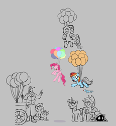 Size: 1026x1111 | Tagged: safe, ponerpics import, applejack, fluttershy, pinkie pie, rainbow dash, rarity, twilight sparkle, unicorn twilight, oc, oc:anon, oc:anon filly, earth pony, pegasus, pony, unicorn, aggie.io, balloon, cart, female, filly, flying, foal, hat, hiding, mare, open mouth, pointing, raised hoof, raised leg, screaming, simple background, sitting, smiling, wingless