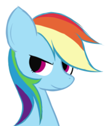 Size: 362x419 | Tagged: safe, artist:alandisc, derpibooru import, rainbow dash, pony, bust, confident, female, simple background, solo, white background