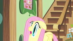 Size: 1920x1080 | Tagged: safe, derpibooru import, screencap, fluttershy, pegasus, pony, a bird in the hoof, season 1, animation error, ears, faic, female, floppy ears, flower pot, fluttershy's cottage, frown, great moments in animation, hallway, mare, open mouth, picture frame, quality, smear frame, solo, stairs, wat, wide eyes