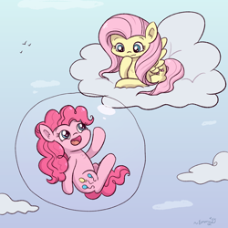 Size: 1500x1500 | Tagged: safe, artist:sketchydesign78, derpibooru import, fluttershy, pinkie pie, earth pony, pegasus, pony, bubble, cloud, cute, diapinkes, duo, female, floating, happy, in bubble, mare, on a cloud, open mouth, open smile, pinkie being pinkie, redraw, shyabetes, smiling