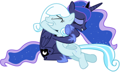 Size: 1248x764 | Tagged: safe, artist:detailedatream1991, derpibooru import, princess luna, oc, oc:snowdrop, alicorn, pegasus, pony, eyes closed, female, hug, mare, simple background, white background