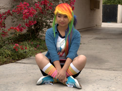 Size: 1725x1294 | Tagged: safe, artist:eri-nyan, derpibooru import, rainbow dash, human, equestria girls, 2015, clothes, converse, cosplay, costume, irl, irl human, multicolored hair, photo, rainbow hair, shoes, sitting, sneakers, socks, solo, striped socks