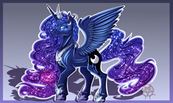 Size: 2500x1500 | Tagged: safe, artist:0daimon0, derpibooru import, princess luna, alicorn, pony, blue eyes, blue mane, crown, digital art, ethereal mane, feather, female, flowing mane, flowing tail, gray background, hoof shoes, horn, jewelry, logo, looking at you, mare, peytral, raised hoof, raised leg, regalia, shadow, simple background, smiling, solo, spread wings, starry mane, starry tail, tail, wings
