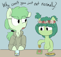 Size: 750x696 | Tagged: safe, artist:cherro, derpibooru import, oc, oc only, oc:lithium flower, oc:mouthpiece, pony, clothes, dialogue, floral head wreath, flower, food, hoodie, pasta, phone, spaghetti