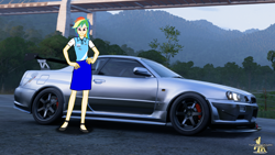 Size: 3840x2160 | Tagged: safe, artist:forzaveteranenigma, derpibooru import, rainbow dash, human, fanfic:equestria motorsports, car, clothes, flats, forza horizon 5, human coloration, humanized, legs, looking at you, nissan, nissan skyline, shoes, skirt, smiling, smiling at you, watermark