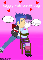 Size: 1700x2338 | Tagged: safe, artist:robukun, derpibooru import, flash sentry, twilight sparkle, equestria girls, equestria girls series, angry, bondage, bouquet, cloth gag, flower, gag, happy valentines day, heart, holiday, kiss on the cheek, kissing, muffled words, rope, rope bondage, ropes, tied to chair, tied up, twilight sparkle is not amused, unamused, valentine, valentine's day