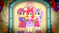 Size: 3410x1920 | Tagged: safe, derpibooru import, screencap, apple bloom, scootaloo, sweetie belle, a photo booth story, eqg summertime shorts, equestria girls, adorabloom, apple bloom's bow, balloon, bow, camera shot, cute, cutealoo, cutie mark crusaders, diasweetes, fall formal outfits, female, grin, hair bow, high res, sleeveless, smiling